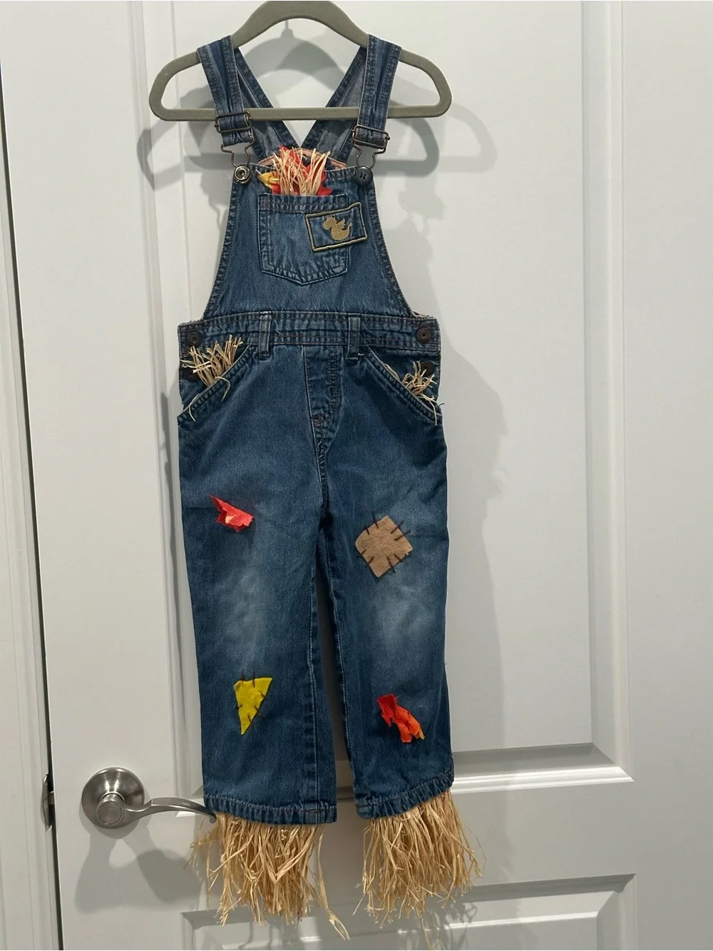 Kids Blue Denim Scarecrow Overalls with Patch Accents